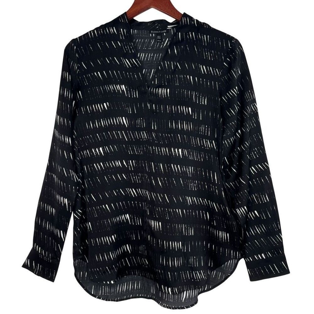 Eileen Fisher Womens Silk Organic Cotton Dash V-Neck Blouse Shirt Black Size XS